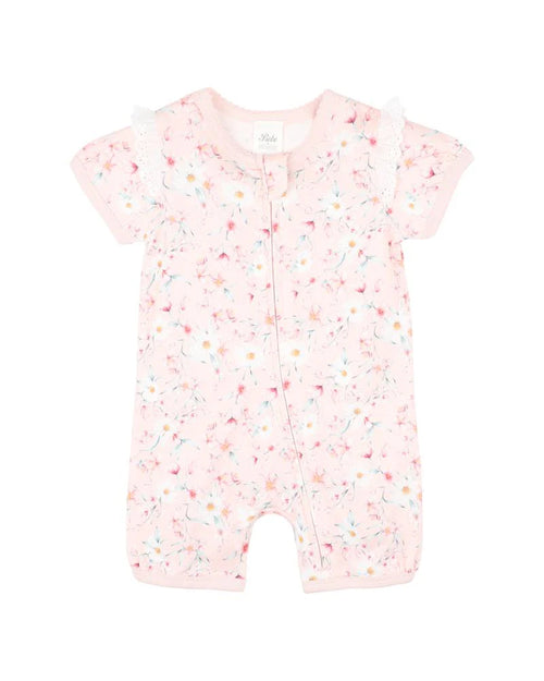 BEBE ZOE PRINT SHORT SLEEVE ZIP ROMPER